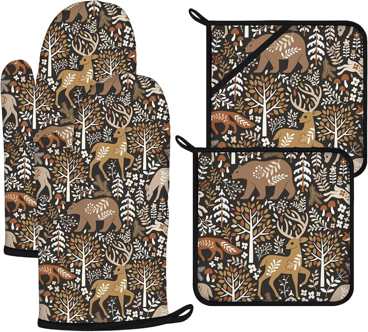 Bear Deer Oven Mitts and Pot Holders Sets 4Pcs,Extra Long Oven Gloves Potholder for Kitchen Cooking Baking BBQ 100% Cotton Heat Resistant