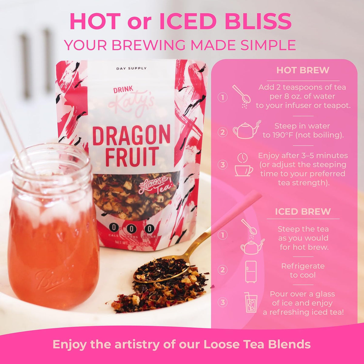 Katy’s Dragonfruit Loose Leaf Tea | Hydrating & Fruity Herbal Tea | Hibiscus, Dragonfruit & Pineapple | Caffeine-Free Fruit Tea | 30+ Cups | Hot or Iced | Antioxidant-Rich | Woman-Owned | 3oz Pouch