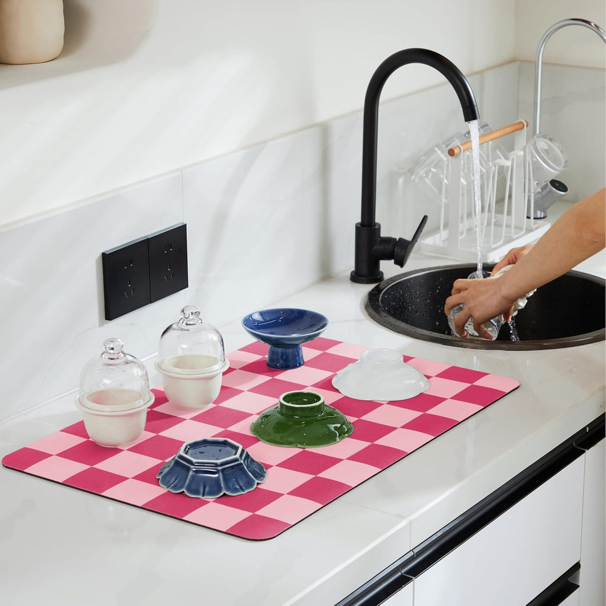 Checkered Dish Drying Mat for Kitchen Counter, Coffee Bar Station Accessories, Retro Cute Aesthetic Modern Absorbent Drainer Mat Kitchen Drying Mat Easy Clean, Hot Pink 12" x 19"