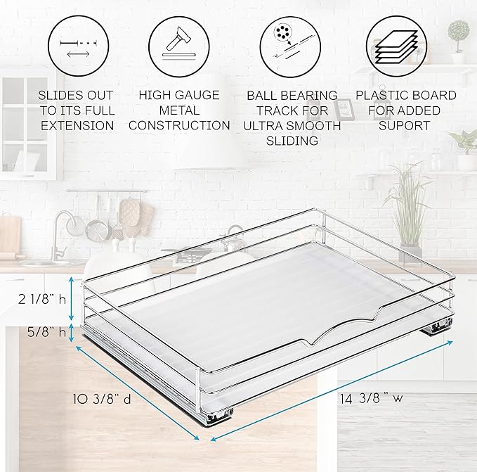 Pull Out Cabinet Organizer for Spices, Cans - Heavy Duty with Lifetime Limited Warranty- Pull Out Spice Rack- Cabinet Pull Out Shelf for Cans,Dishes, Etc, 14-3/8"Wx 10-1/2"D x 2-3/4” H, Chrome