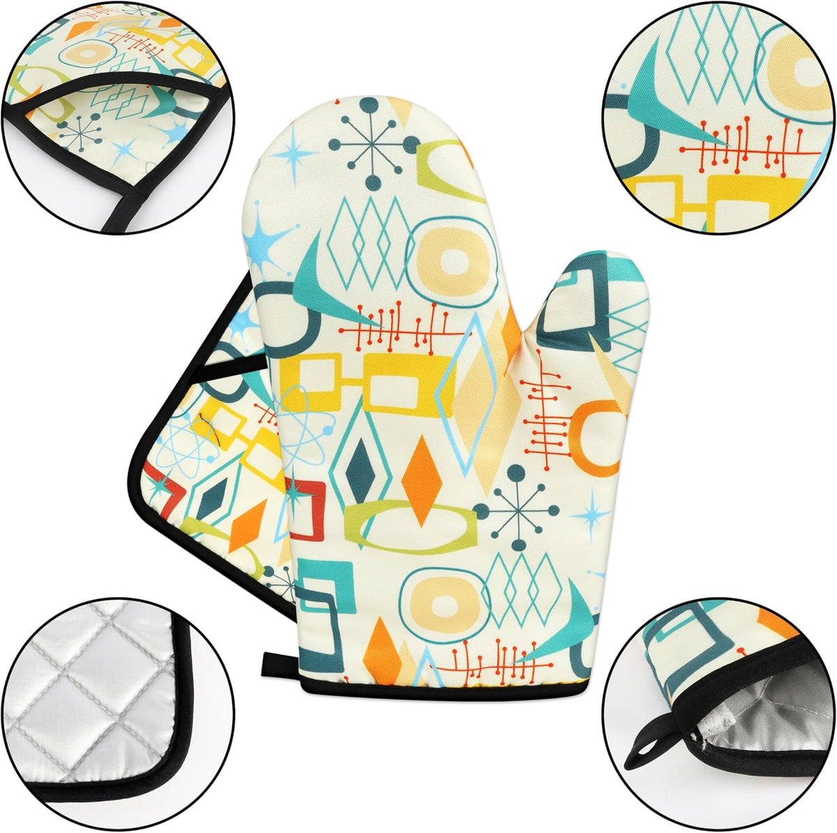 Mid Century Modern Oven Mitts and Pot Holders Sets Washable Oven Gloves Heat Resistant 4 Pcs Decorative Kitchen Hot Pads and Mitts for Baking Cooking Grilling