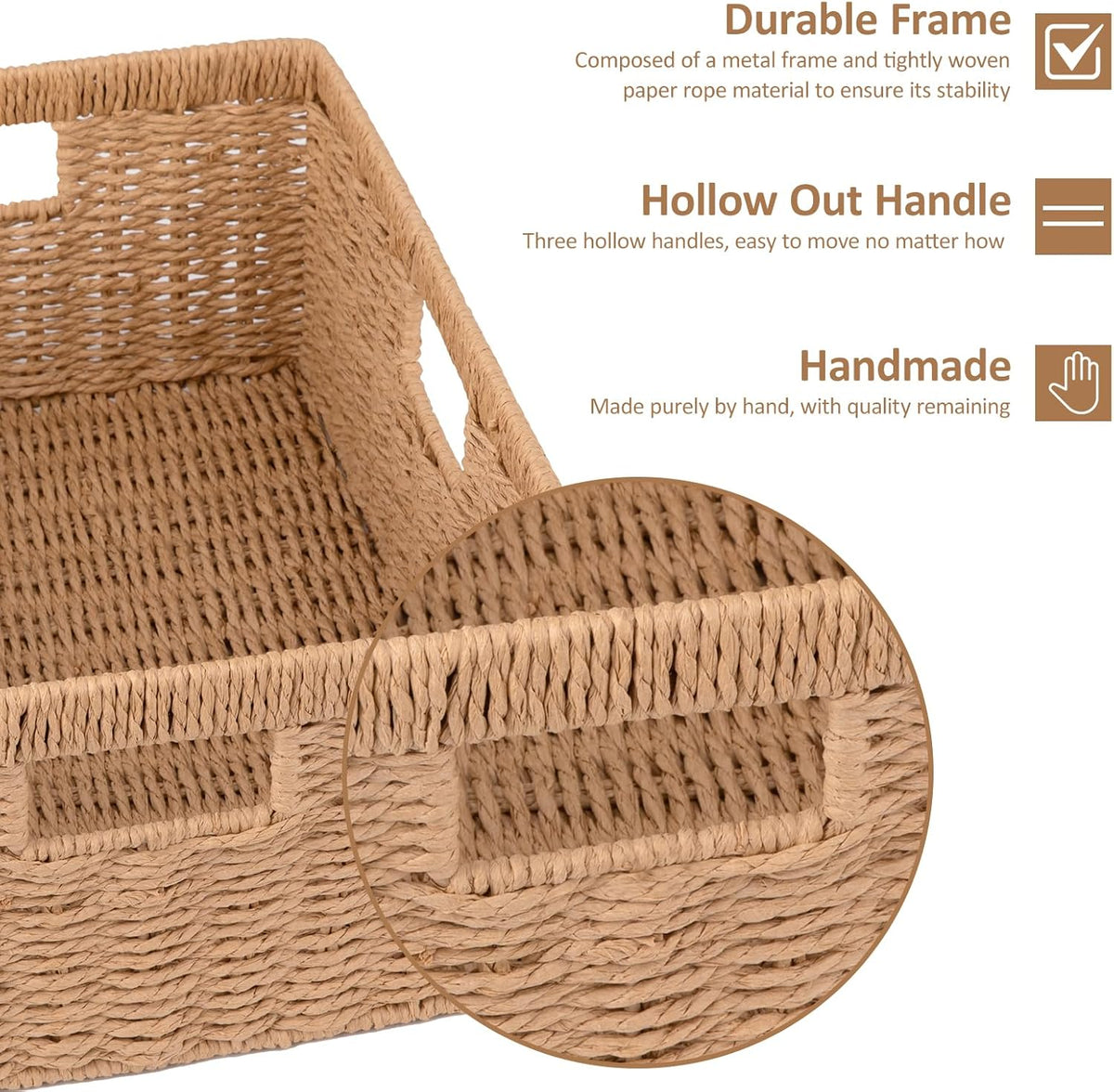 OIAHOMY Wicker Basket, Paper Shelf Basket with Built-in Handles, Rectangular Wicker Storage Bin for Pantry, Shelves, 1 Pack-Yellow