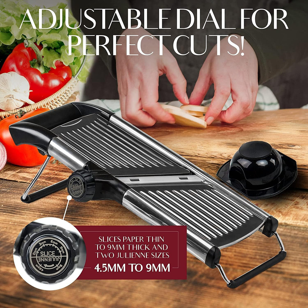 Gramercy Adjustable Mandoline Food Slicer, Mandoline Slicer for Kitchen, Mandolin, Potato, Tomato, Carrot, Vegetable, Fruit and Onion Cutter - Stainless Steel - INCLUDING 1 Pair Cut-Resistant Gloves