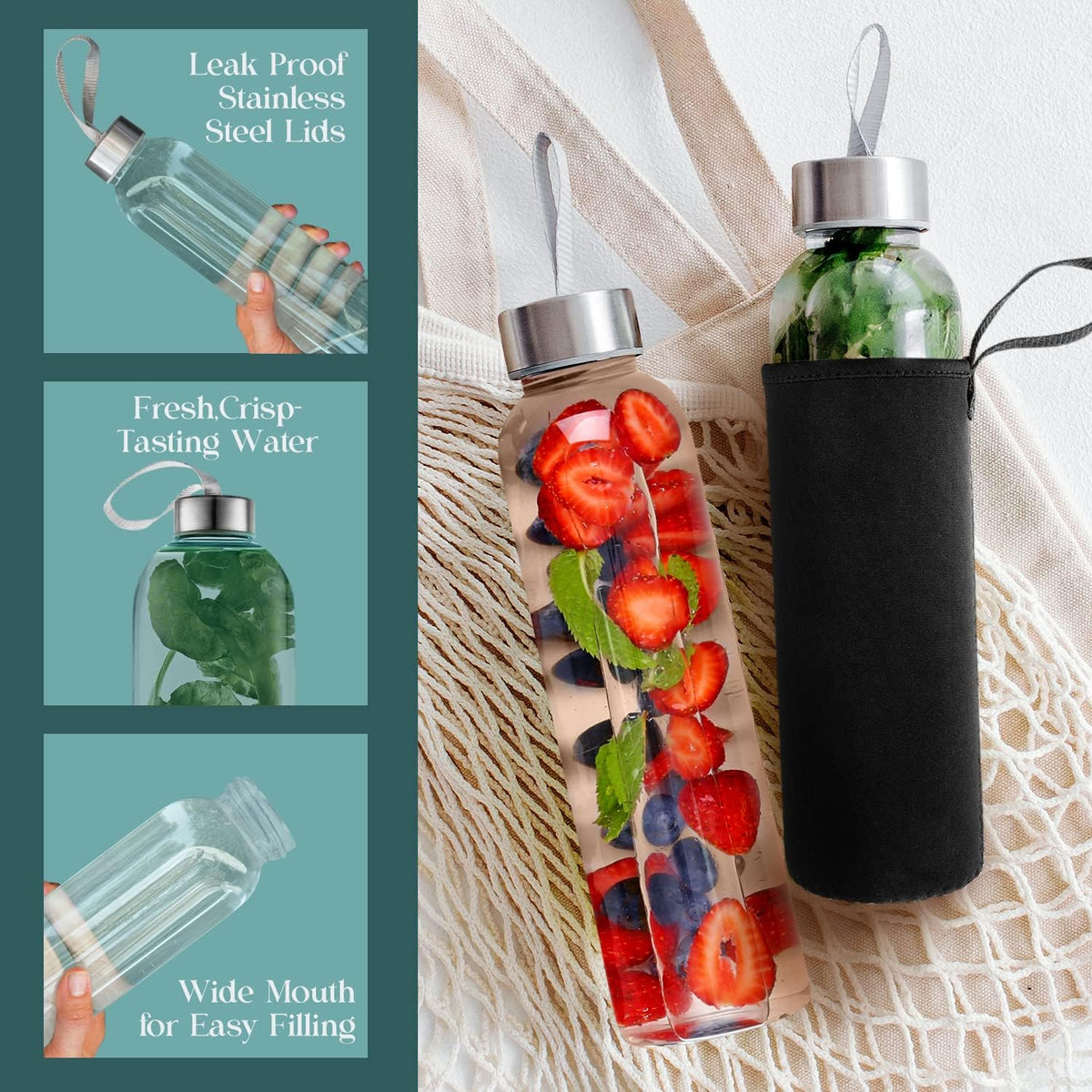 24oz Glass Water Bottles – Pack of 12 - Nylon Protective Sleeves, Airtight Screw Top Lids, Portable Carrying Loops - Lead, PVC and BPA Free - Water, Smoothie, Juicer, and Beverage Glasses