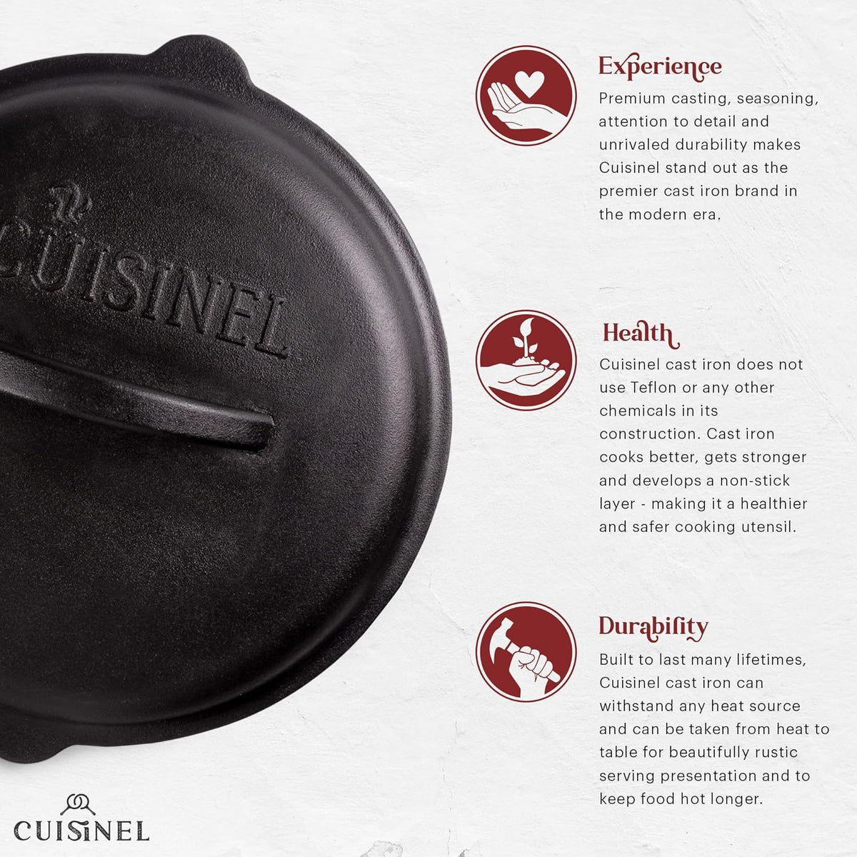 Cuisinel Cast Iron Lid - Fits 10"-Inch Lodge Skillet Frying Pans or Braiser + Silicone Handle Holder + Care Guide - 25.4-cm Pre-Seasoned Universal Replacement Cover - Indoor/Outdoor, Fire, BBQ Safe