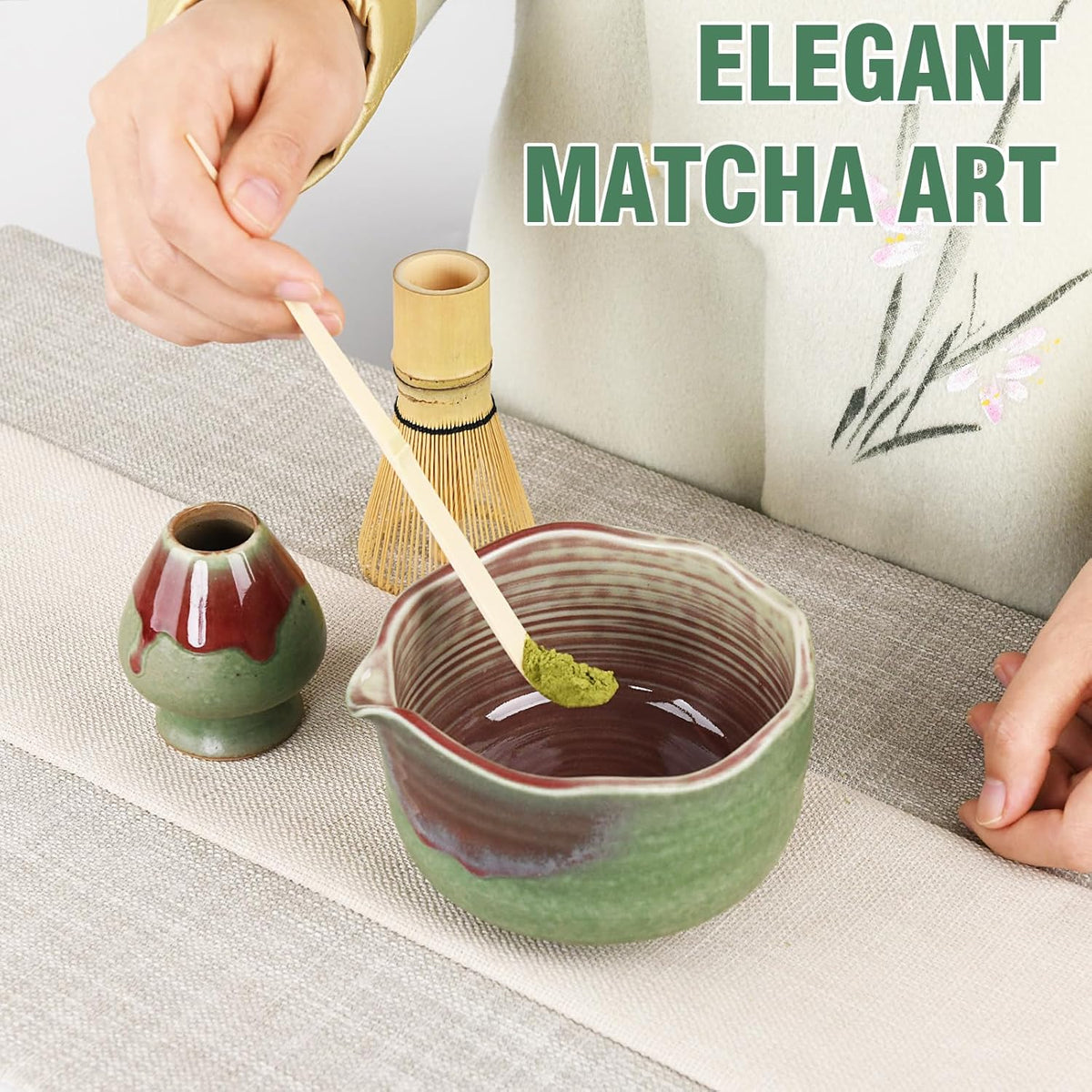 Pottery Matcha Set - Japanese Handcrafted Matcha Tea Bowl Mineral Glaze Bowl with Spout, Bamboo Whisk, Scoop & Chasen Holder | 4pc Tea Ceremony Kit for Matcha Lovers (Forest Glow)