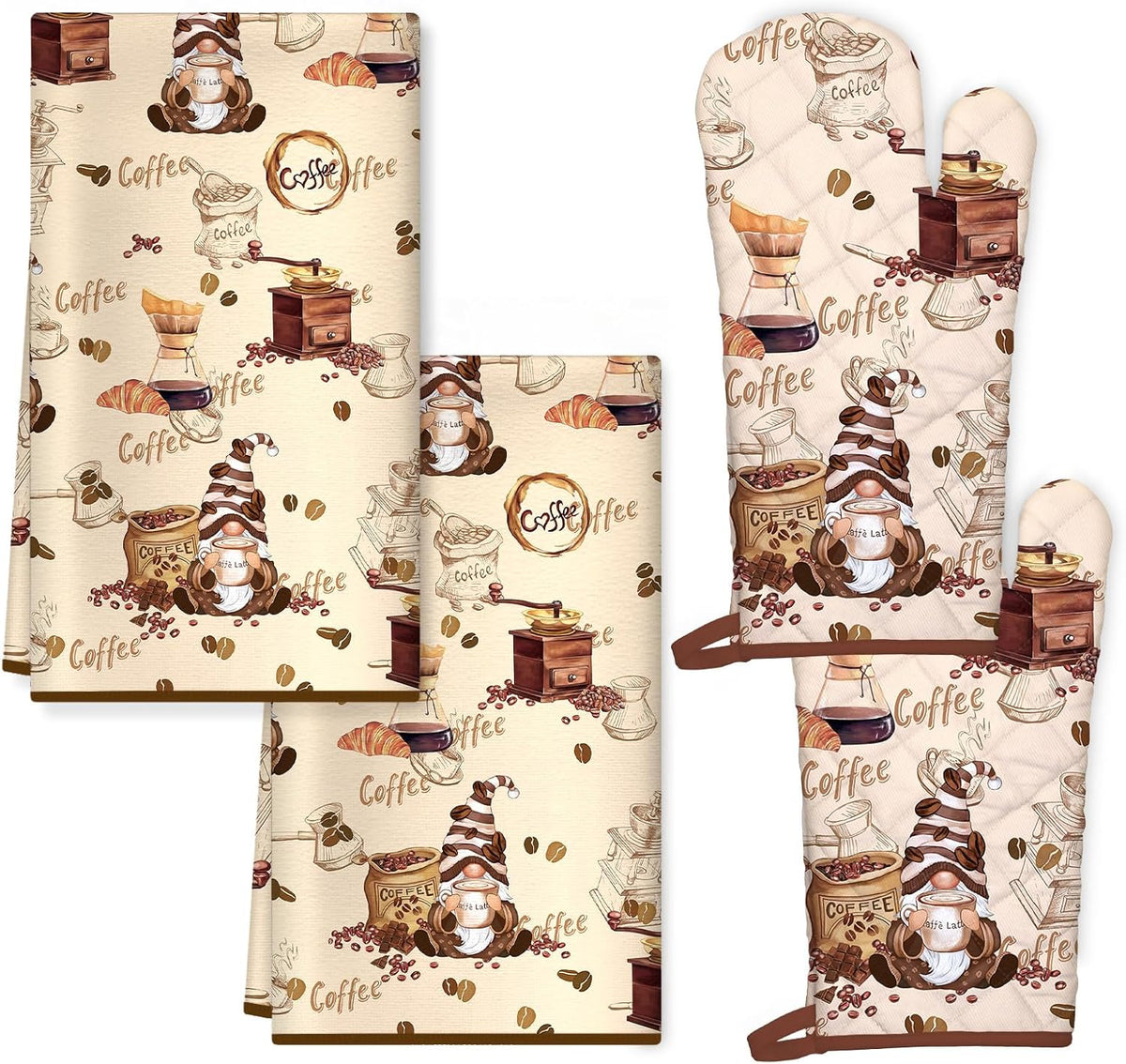 Vintage Coffee Kitchen Towels and Oven Mitts Set 4Pcs, Soft Absorbent Dish Cloth Heat Resistant Oven Gloves for Cooking Baking Kitchen Decoration, Gifts for Her
