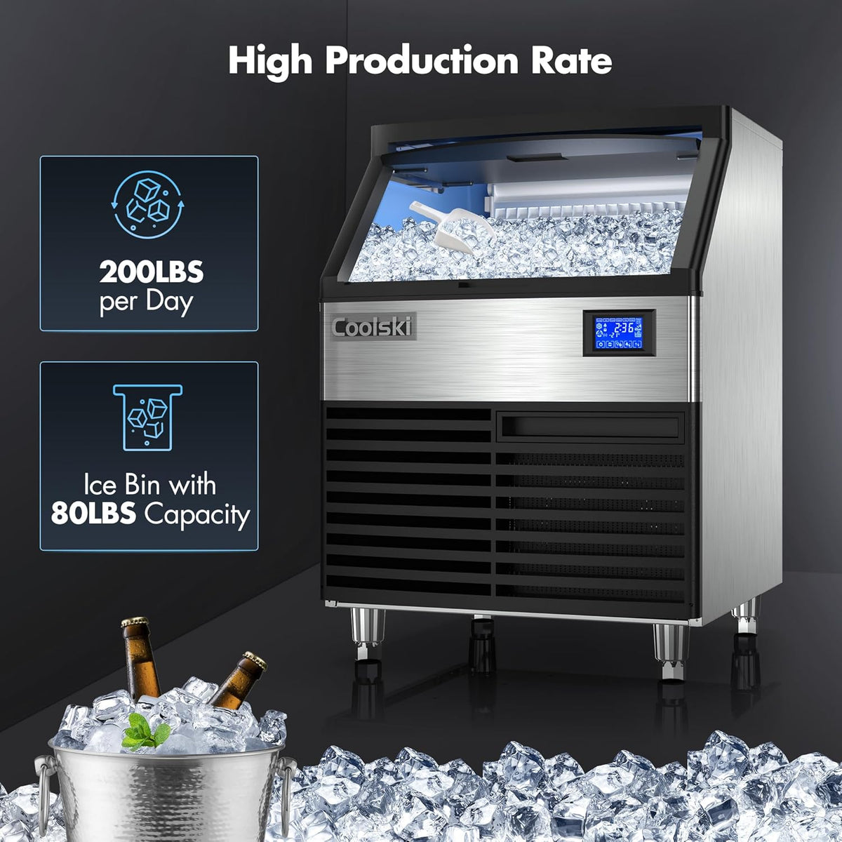 Commercial Ice Maker Machine 200LBS/24H, 26’’ Under Counter Ice Machine with 80LBS Storage Capacity, Stainless Steel Ice Maker for Restaurant/Bar/Home, Air Cooled/Clear Ice Cubes/ETL Approved