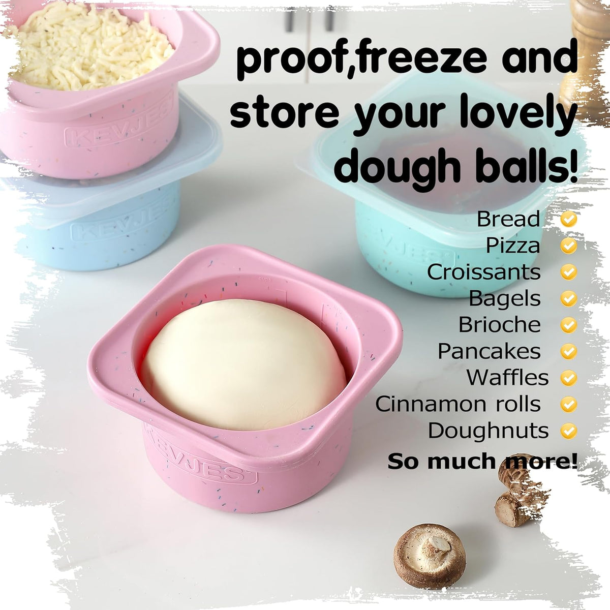 PLUS 1000ml Pizza Dough Proofing Containers for DIY family Artisan Pizza, Food Grade Silicone Stackable Boxes with Lids, Freezer, Fridge, Dishwasher Safe-Sprinkles Pattern-3 Pack (Cotton Candy)