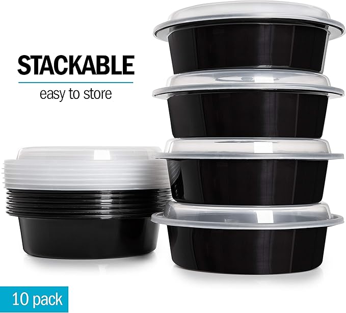 Igluu Meal Prep Round Plastic Containers - New Improved Lid - Reusable BPA Free Food Containers with Airtight Lids - Microwavable, Freezer and Dishwasher Safe - Stackable Salad Bowls - [10 Pack]