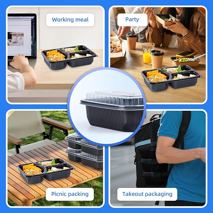 YANGRUI Food Containers Shrink Wrap 40 Pack 38 oz - Leak Proof BPA Free Reusable Flexible Pure PP Plastic Container | Microwave & Dishwasher Safe Meal Prep | Restaurant Grade 3 Compartment Lunch Boxes