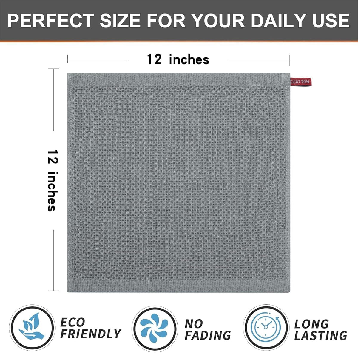 Kitinjoy 100% Cotton Kitchen Dish Cloths (12 X 12 Inches, Grey),6 Pack Waffle Weave Ultra Soft Absorbent Dish Towels for Drying Dishes Quick Drying Kitchen Towels Dish Rags