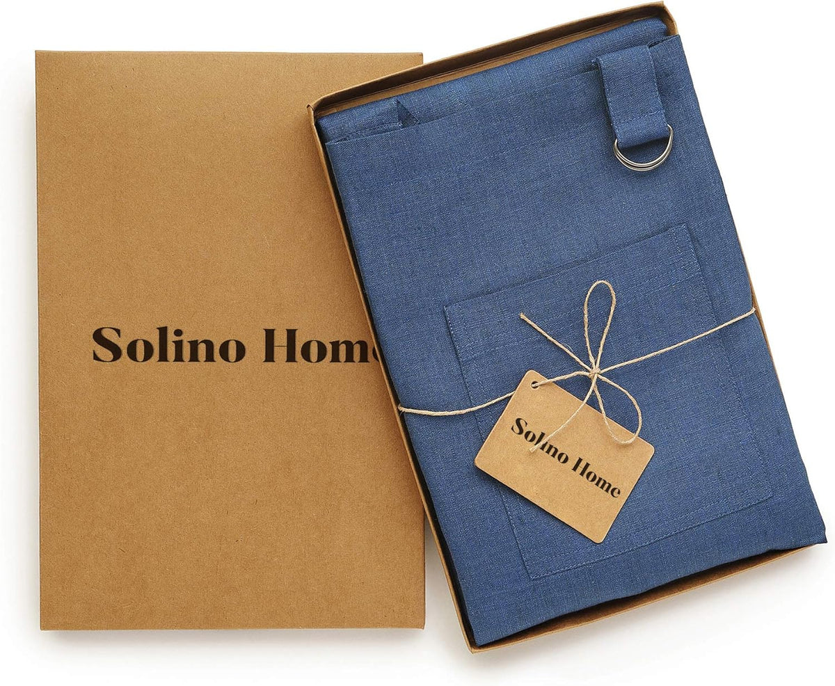 Solino Home Linen Bib Apron for Men & Women - 100% Pure Linen Blue Kitchen Apron with Front Pockets - Handcrafted from European Flax