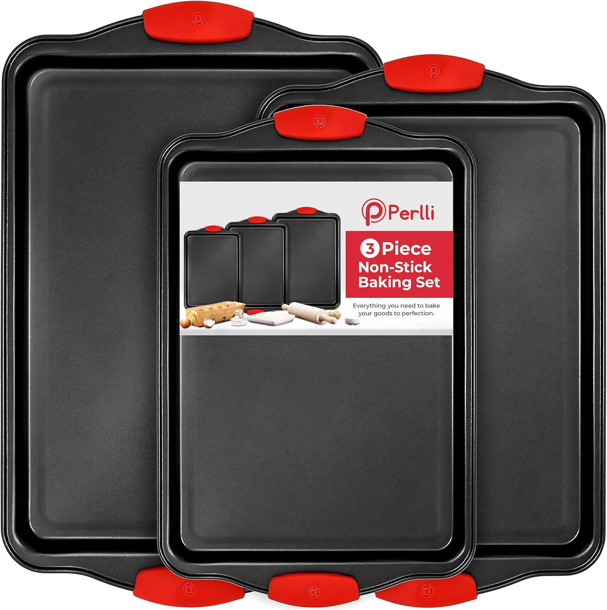 PERLLI Non-Stick 3-Piece Baking Pan Set, BPA-Free Carbon Steel Bakeware Set with Silicone Handles, Stackable Kitchen Oven Set, Cookie Sheet, Baking Tray, Baking Sheet Set, Oven Safe (446°F)