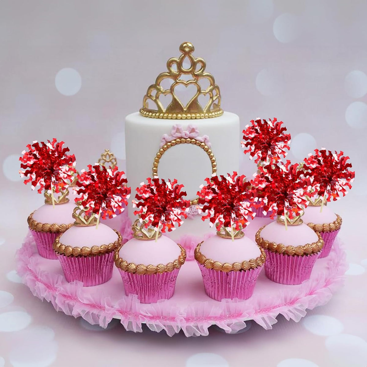 Ephlyn 30Pcs Foil Firework Cupcake Toppers Happy Birthday Cake Toppers Tinsel Flower Drink Stirrers Cocktail Food Fruit Toothpicks for Valentine's Day Party Decorations Red