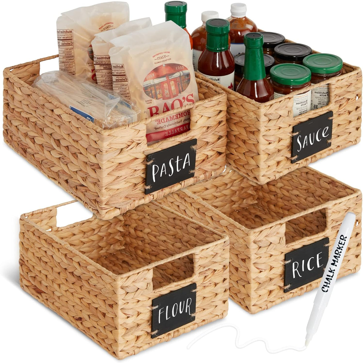 Best Choice Products Set of 4 9x12in Water Hyacinth Pantry Baskets, Woven Organizers w/Chalkboard Label, Chalk Marker - Natural