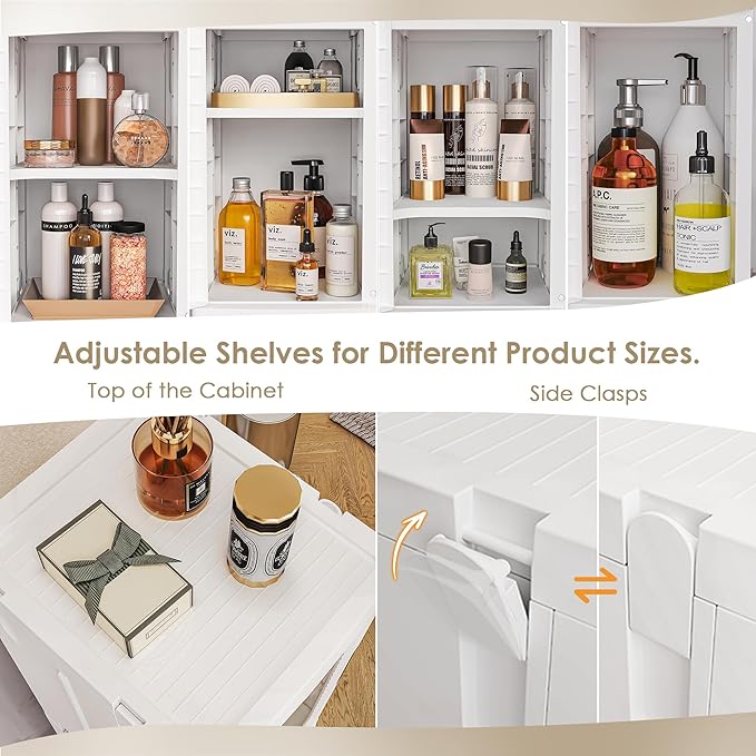 VECELO 4-Tier Tall Narrow Storage Cabinet with Movable Wheels, Adjustable Shelves, Anti-Tip, Slim, for Small Space, Bathroom, Kitchen, Laundry, White