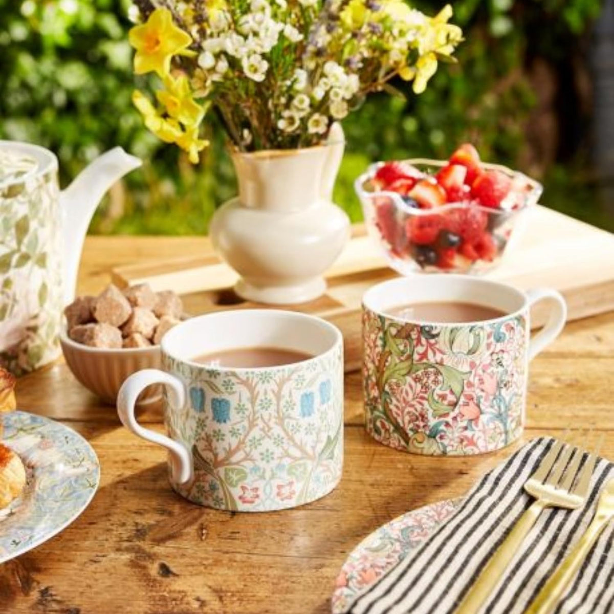 Spode Morris & Co Porcelain Mugs, Set of 2-12oz Microwave and Dishwasher Safe Tea & Coffee Cups for Kitchen Countertop or Home Brew Coffee Station, Great Gift for Mothers (Blackthorn & Golden Lily)