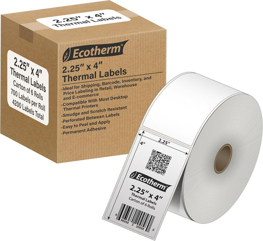 2.25" x 4" Thermal Labels | 6 Rolls | 4200 Labels | fits Zebra, Munbyn, Rollo, Godex, Arkscan, iDPRT, Offnova Thermal Label Printers and More | Blank White Adhesive Stickers by Ecotherm