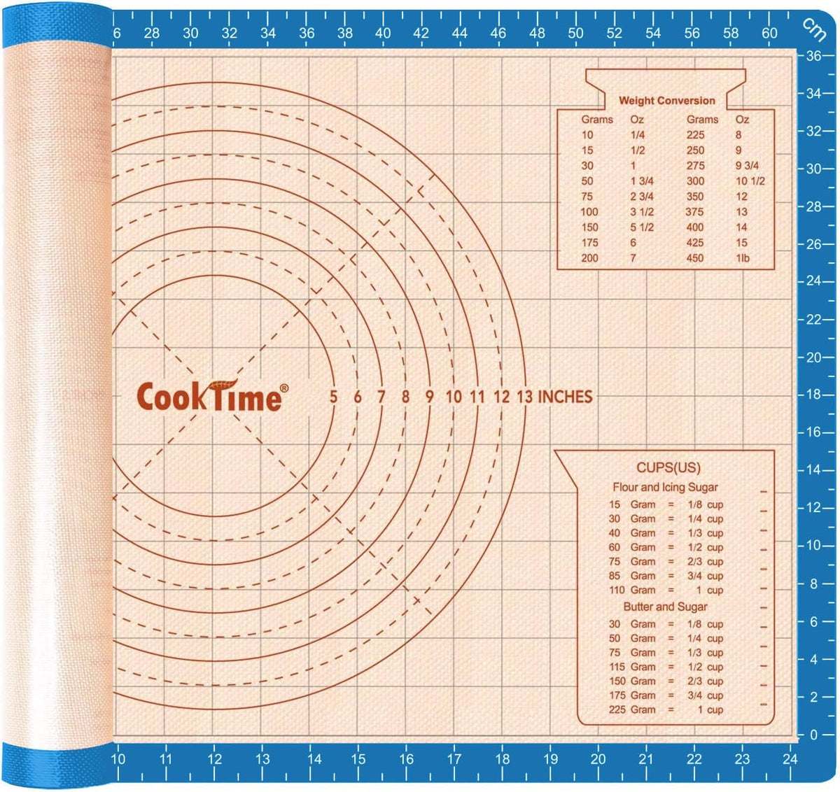 Silicone Pastry Baking Mat Non Stick-Large Rolling Dough with Measurements-Non Slip Pizza,Fondant,Pie,Cake Baking Mat - 26 x 16 Inch By Cook Time(Blue)
