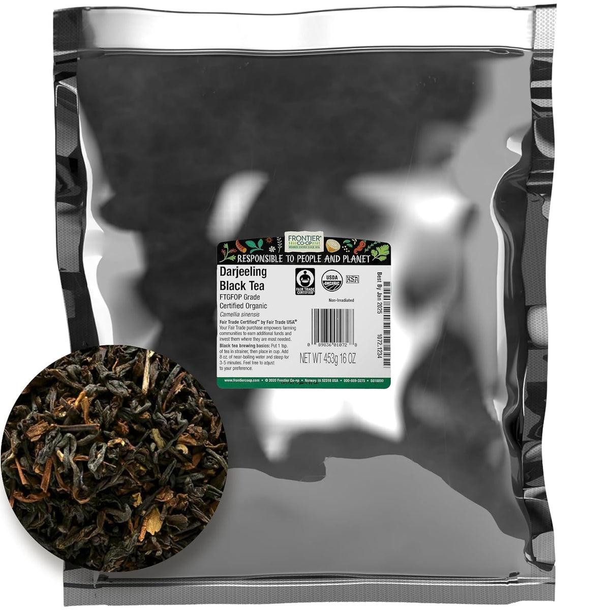 Frontier Co-op Organic Darjeeling Black Tea, 1-pound Bulk Bag, Highest Grade Orange Pekoe Leaves, Kosher, Fair Trade