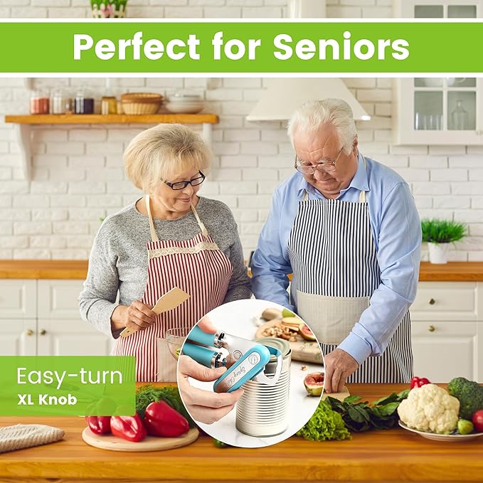 Spring Chef Stainless Steel Can Opener - Manual with Soft Grip Handles, Easy Turn, Heavy Duty Hand Can Openers for Seniors with Smooth Edge - Magnetic Lid Remover - Aqua Sky