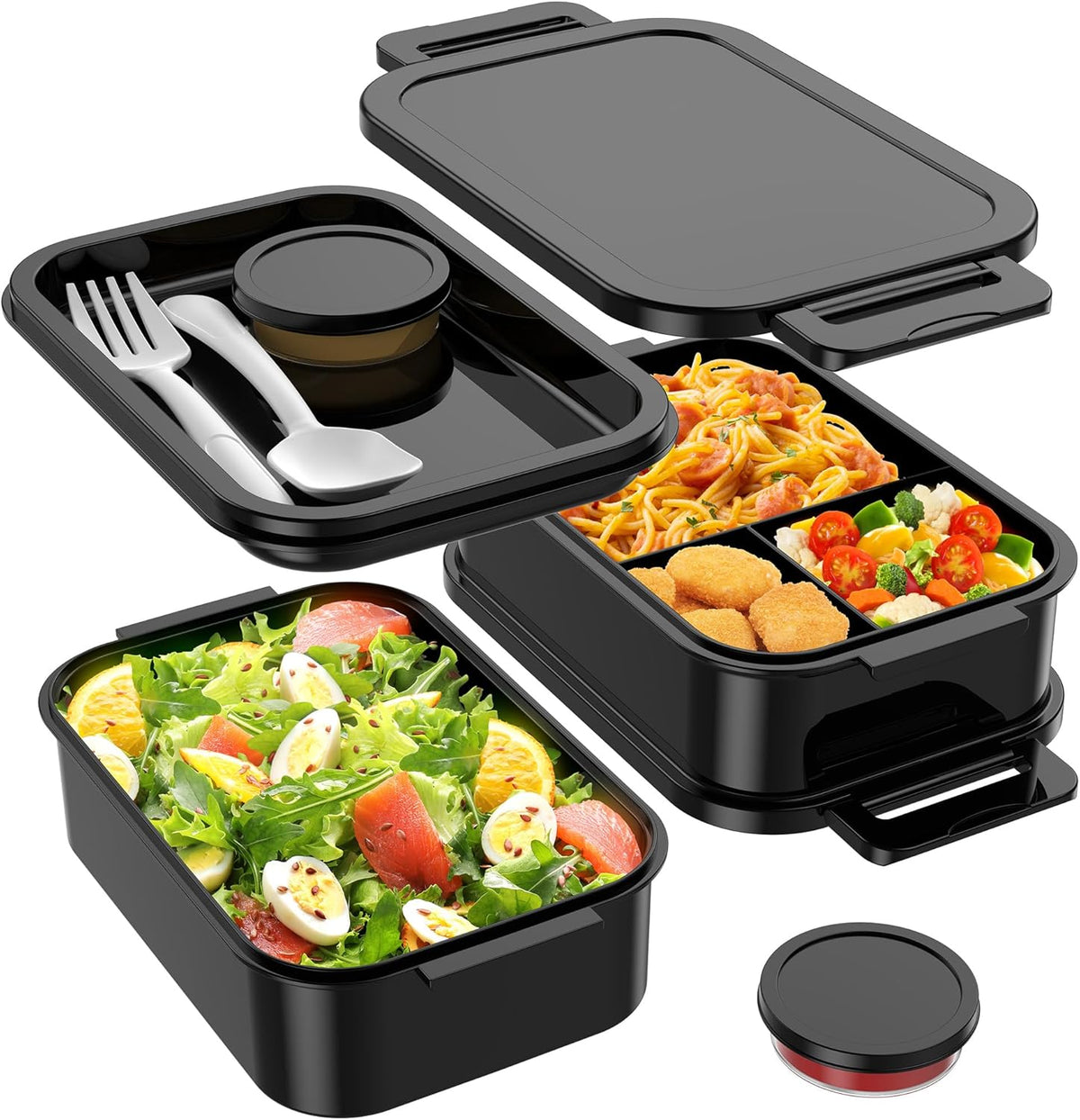 Jelife Adult Bento Box Lunch Box - Large Style Stackable Bento Lunch Box for Adults, 72oz All-in-One 3 Layers Bento Boxes Leak-Proof Lunchbox with Utensil Sauce Containers for Dining Out,Work, Black