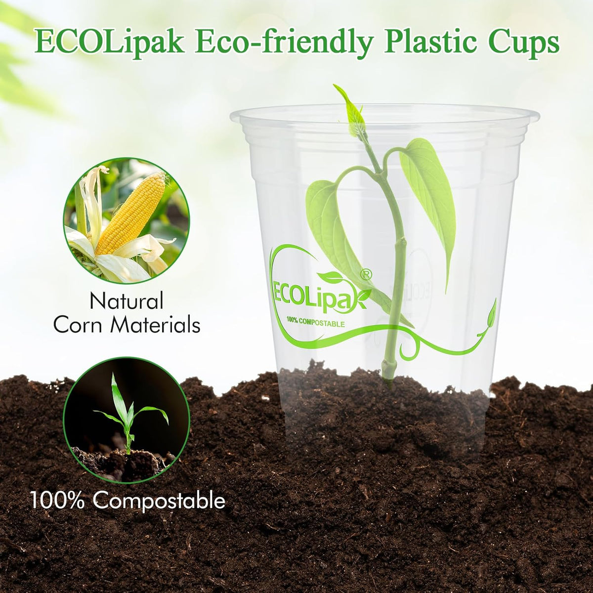 ECOLipak 1000 Count 16 OZ Clear Compostable Plastic Cups, Disposable Plant-Based Biodegradable Drinking Party Cups, PLA Plastic Cold Tumblers for Restaurant, Office, Canteen, Large Gathering