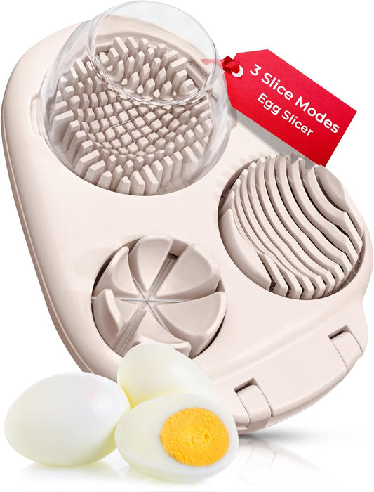 CraftyCrocodile Egg Slicer for Hard Boiled Eggs - 3 Slice Modes Egg Cutter, Heavy Duty, Stainless Steel Dicer - Kitchen Chopper Tool for Strawberry, Mushroom, Grape, Cherry Tomato - Light Beige
