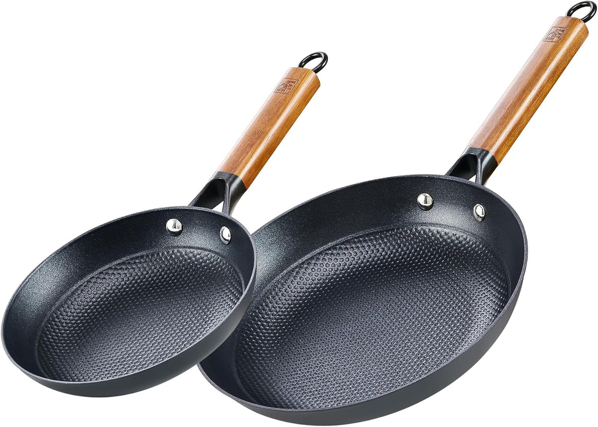DM Cast Iron Skillet, 2 Piece Nonstick Frying Pan Set, 8 and 10 Inch with Detachable Acacia Wooden Handle, Honeycomb Non stick Omelet Egg Pan, Easy Clean Oven Safe Pans for Cooking