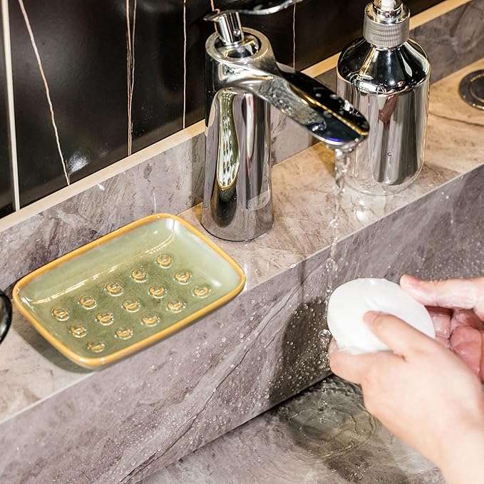 Soap Dish for Shower, Ceramic Soap Dish Non-Slip Soap Holder Bar Saver Tray for Bathroom Kitchen Sink, Floating Point Design Save Soap Loss