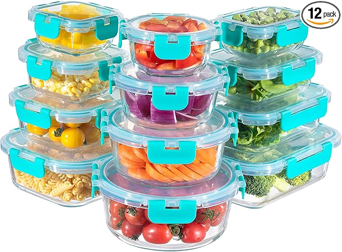 MFY 12-Pack Glass Storage Containers with Lids, Glass Meal Prep Containers Set, Airtight Lunch Containers with Lids, Microwave, Oven, Freezer and Dishwasher Safe, Green