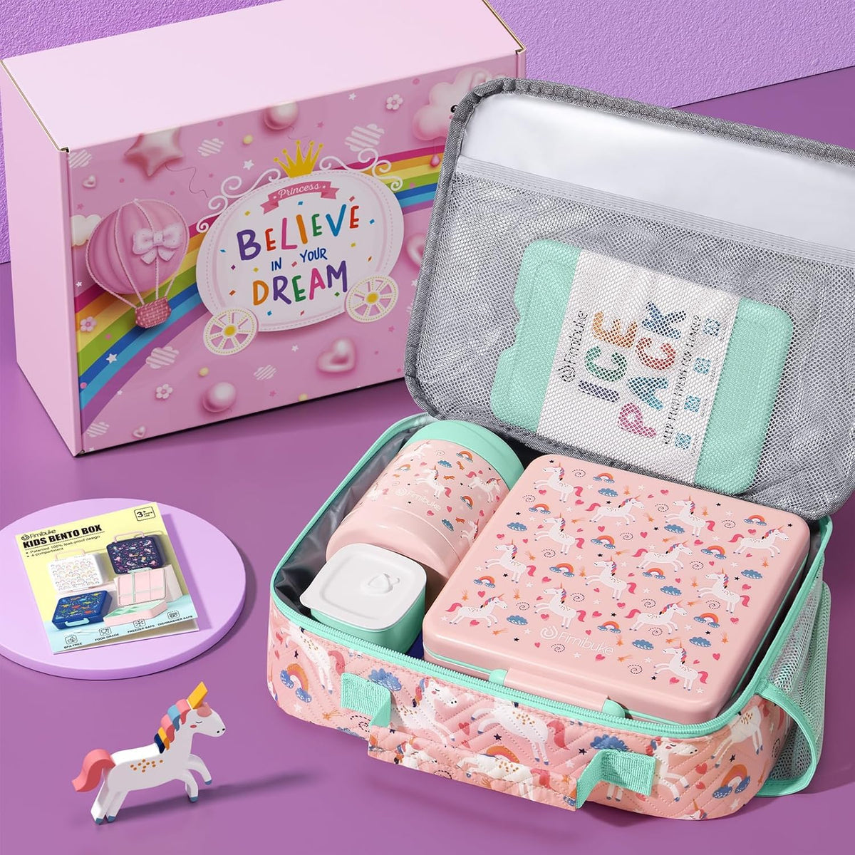 Fimibuke Kids Bento Snack Lunch Box with 4 Compartments, Insulated lunch Bag, Stainless Steel Thermos Food Jar, Ice Pack & Utensils, Unicorn Birthday Gift for Age 3-12 Back to School Toddler Girl Boy