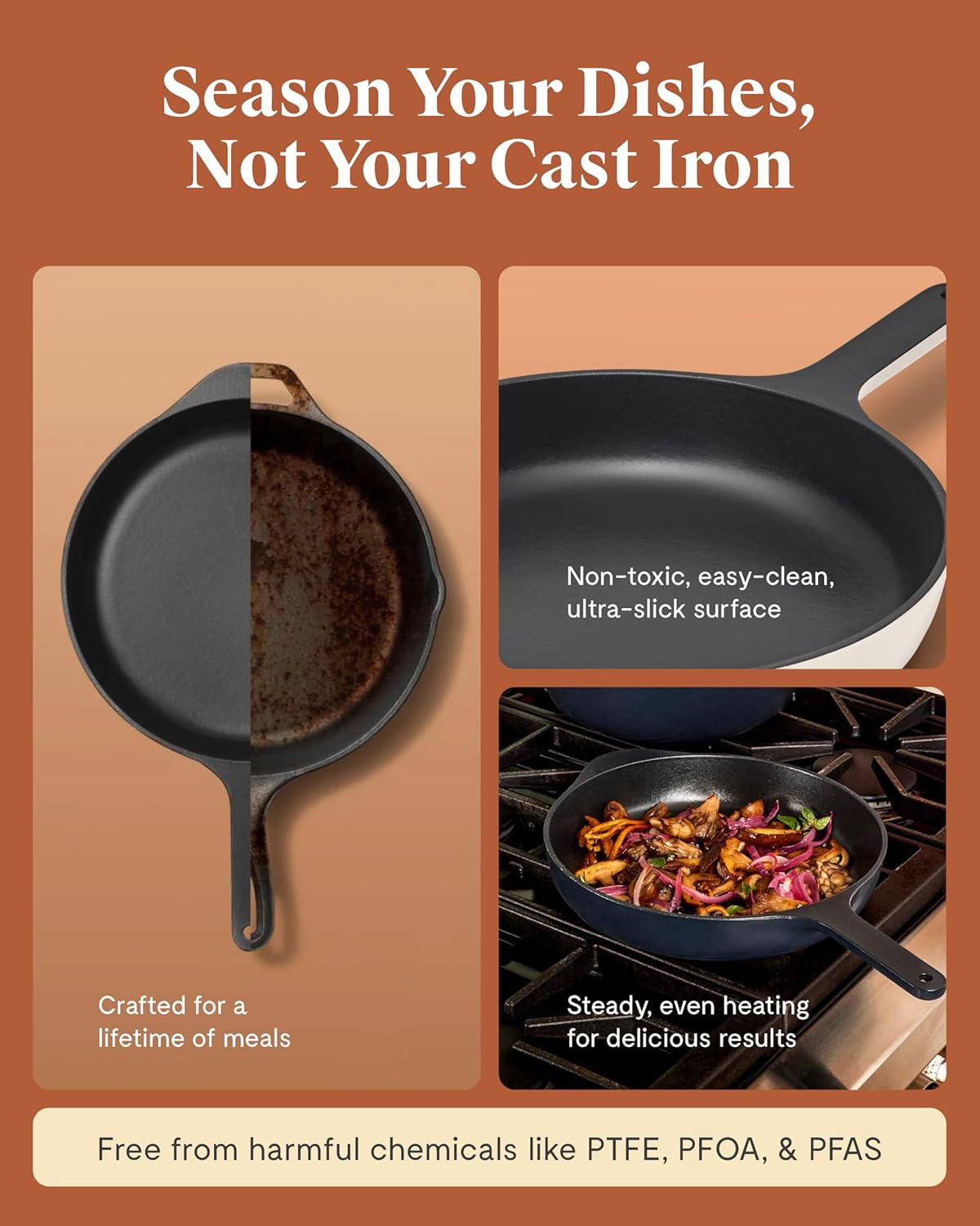Caraway Cast Iron Skillet - 10.5” Enameled Cast Iron Pan With 3 Layer Enamel Coating - No Seasoning Required - Compatible With All Stovetops - Free From Forever Chemicals - Midnight Blue