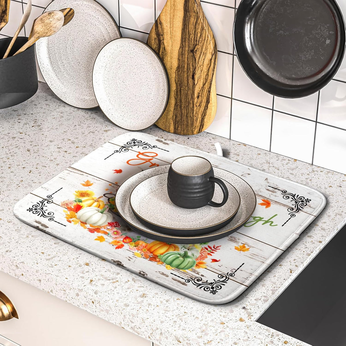 Fall Dish Drying Mats for Kitchen Counter Absorbent Autumn Dish Drainer Pad Home Decor