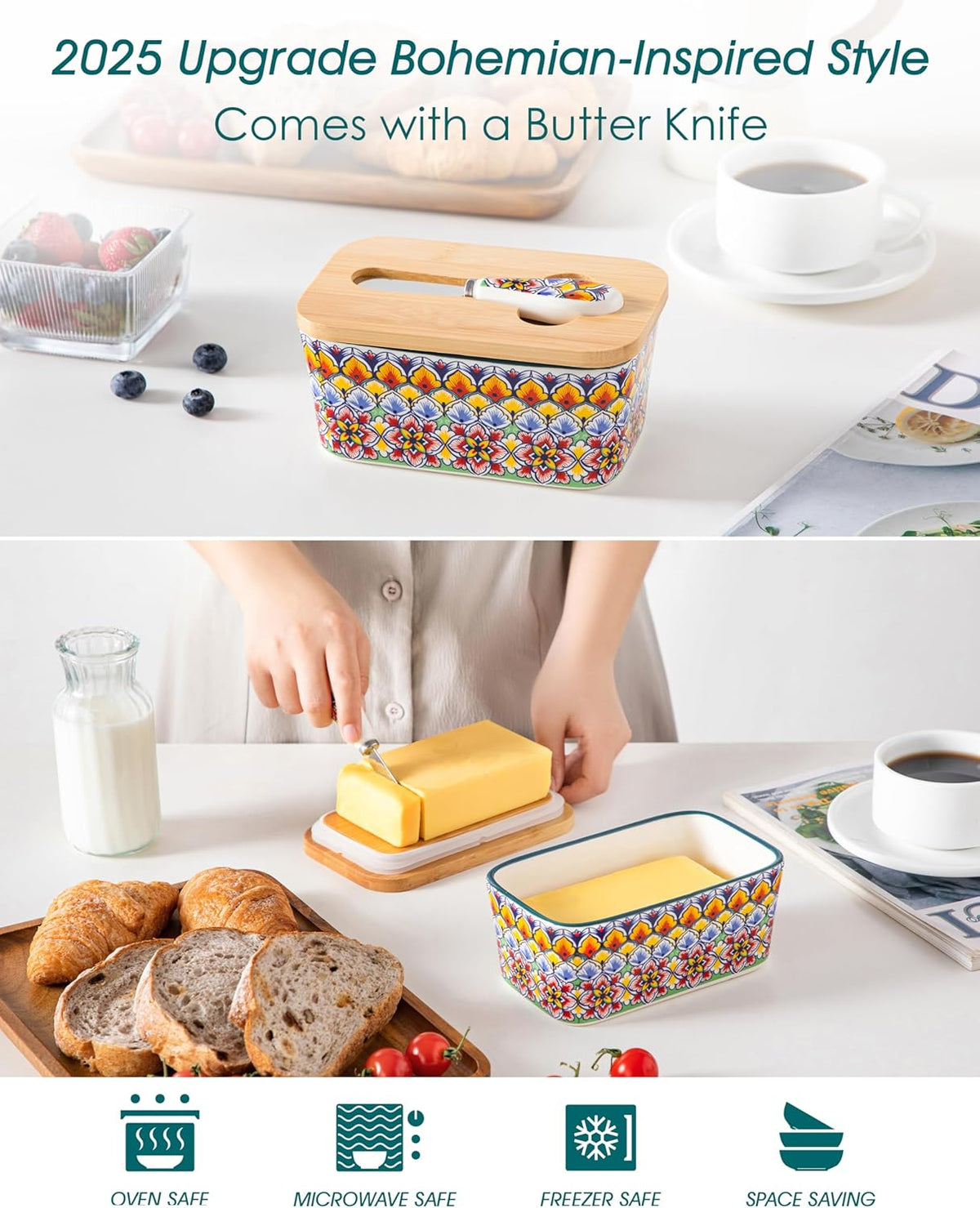 vancasso SIMI Butter Dish with Lid, 6.5" Large Butter Dish for Countertop, Bohemian Ceramic Butter Keeper Container with Knife and Bamboo Lid, Butter Holder for Counter, Golden Bloom