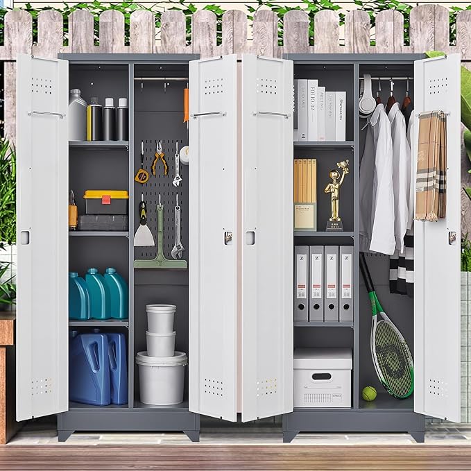 FLEXIMOUNTS 65'' Tall Metal Storage Cabinet with Locking Door, Large Cleaning Tool Organizer for Brooms, Garage, Laundry Room, Bathroom, Grey-White
