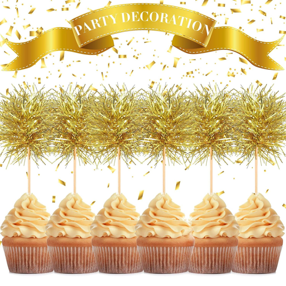 Chinco 100 Pcs Foil Firework Cupcake Toppers Sparkle Tinsel Cake Toppers Cake Decoration Cocktail Fruit Toothpick for Birthday Wedding Graduation Party(Gold)