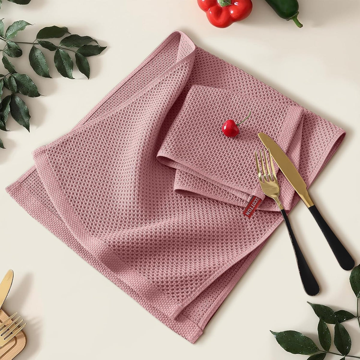 Kitinjoy 100% Cotton Waffle Weave Kitchen Towels (13 X 28 Inches, Dried Roses), 4-Pack Super Soft and Absorbent Dish Towel for Drying Dishes, Kitchen Hand Towels
