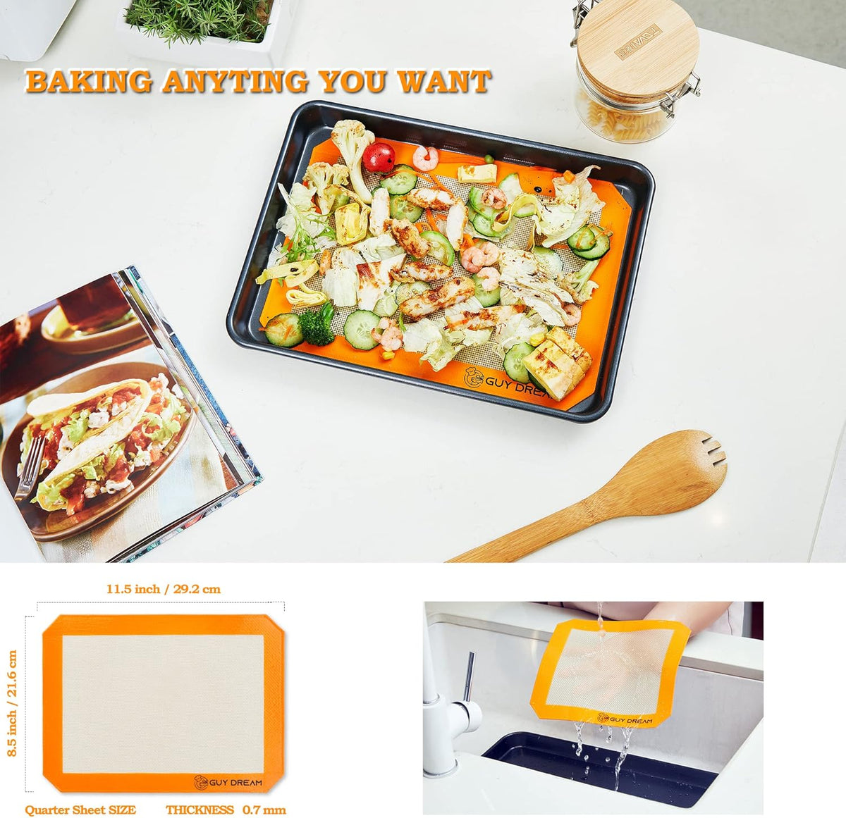 GUY DREAM All-in-One Silicone Baking Mat Set - Kneading Mat, Cookie & Macaron Half Sheet Mat, 1/4 Sheet Mat, Square & Round Cake Mats, Artisan Bread Mat - Ideal Gift for Baking