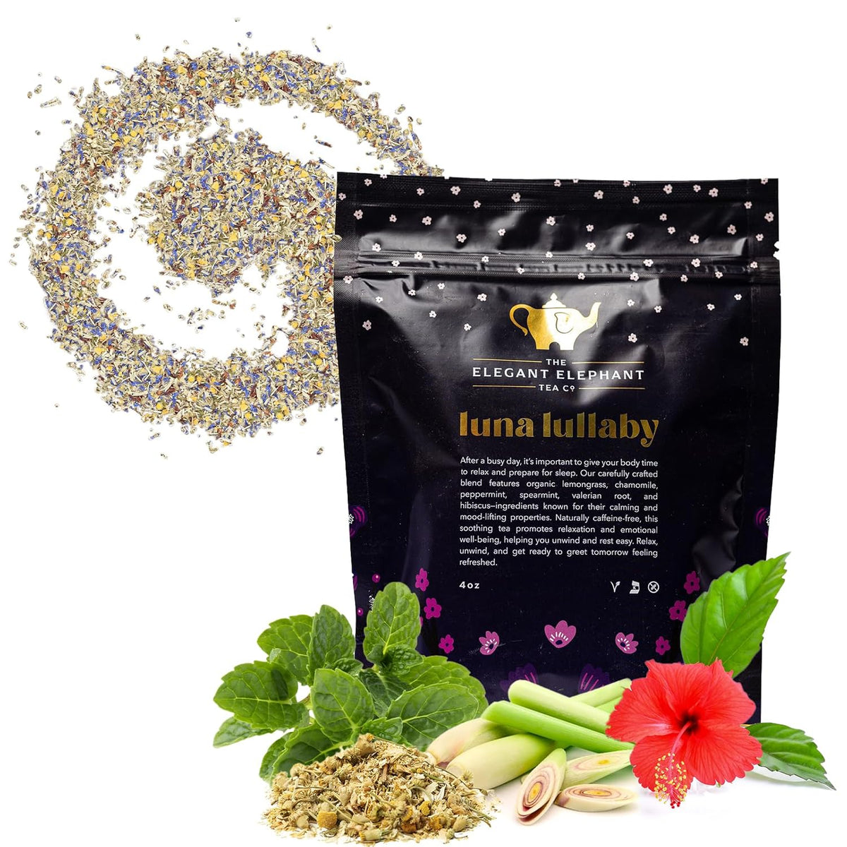Luna Lullaby Sleep Tea, Organic Loose Leaf Herbal Tea – Calming, Relaxing Bedtime Tea – Chamomile, Valerian Root, Peppermint – 4 oz Resealable Bag (Makes 50 Cups) – The Elegant Elephant