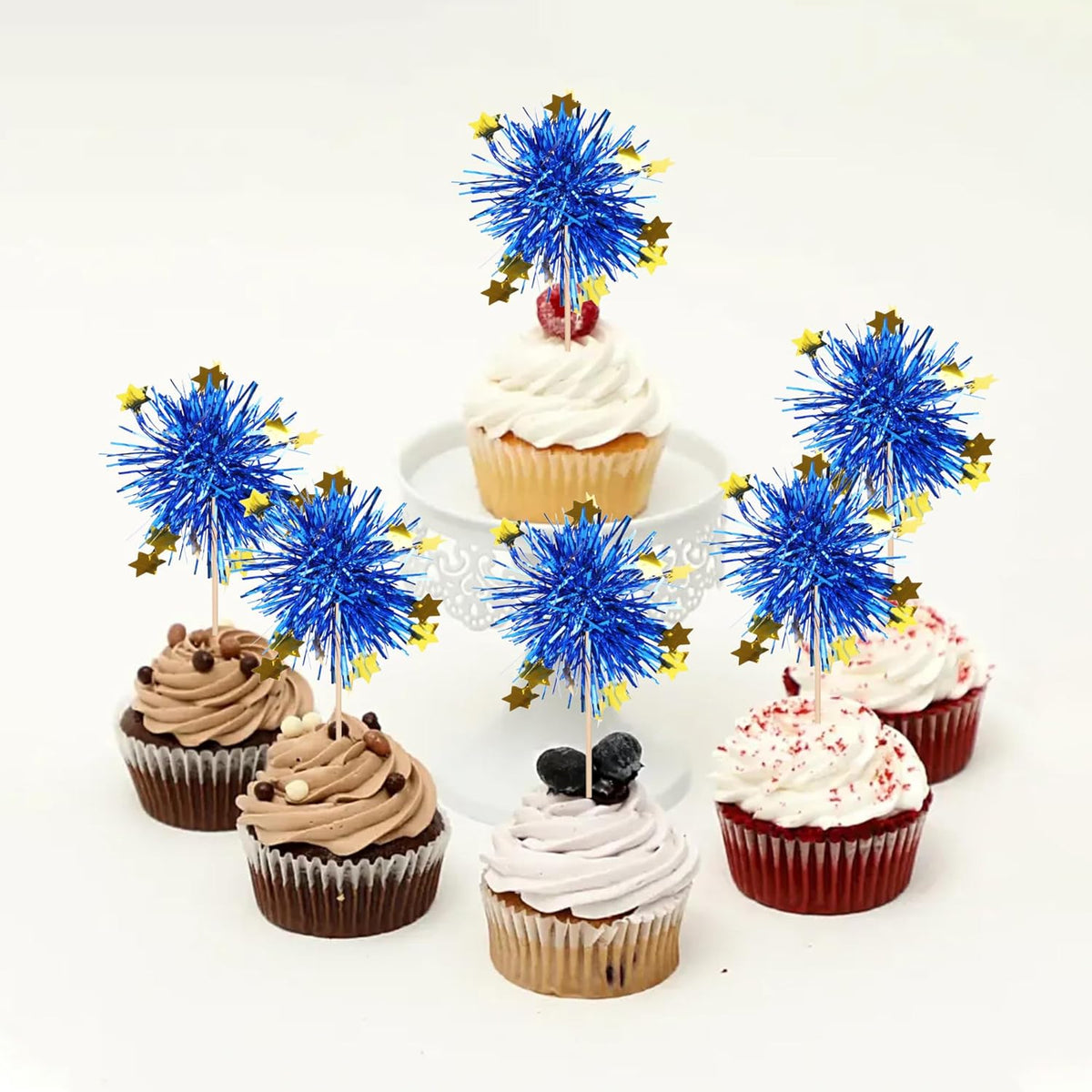 30 PCS Foil Firework Cupcake Toppers Happy Birthday Star Cupcake Picks Sparkle Tinsel Drink Stirrers Cocktail Fruit Toothpicks for Valentine's Day Wedding Birthday Party Decorations Supplies Blue