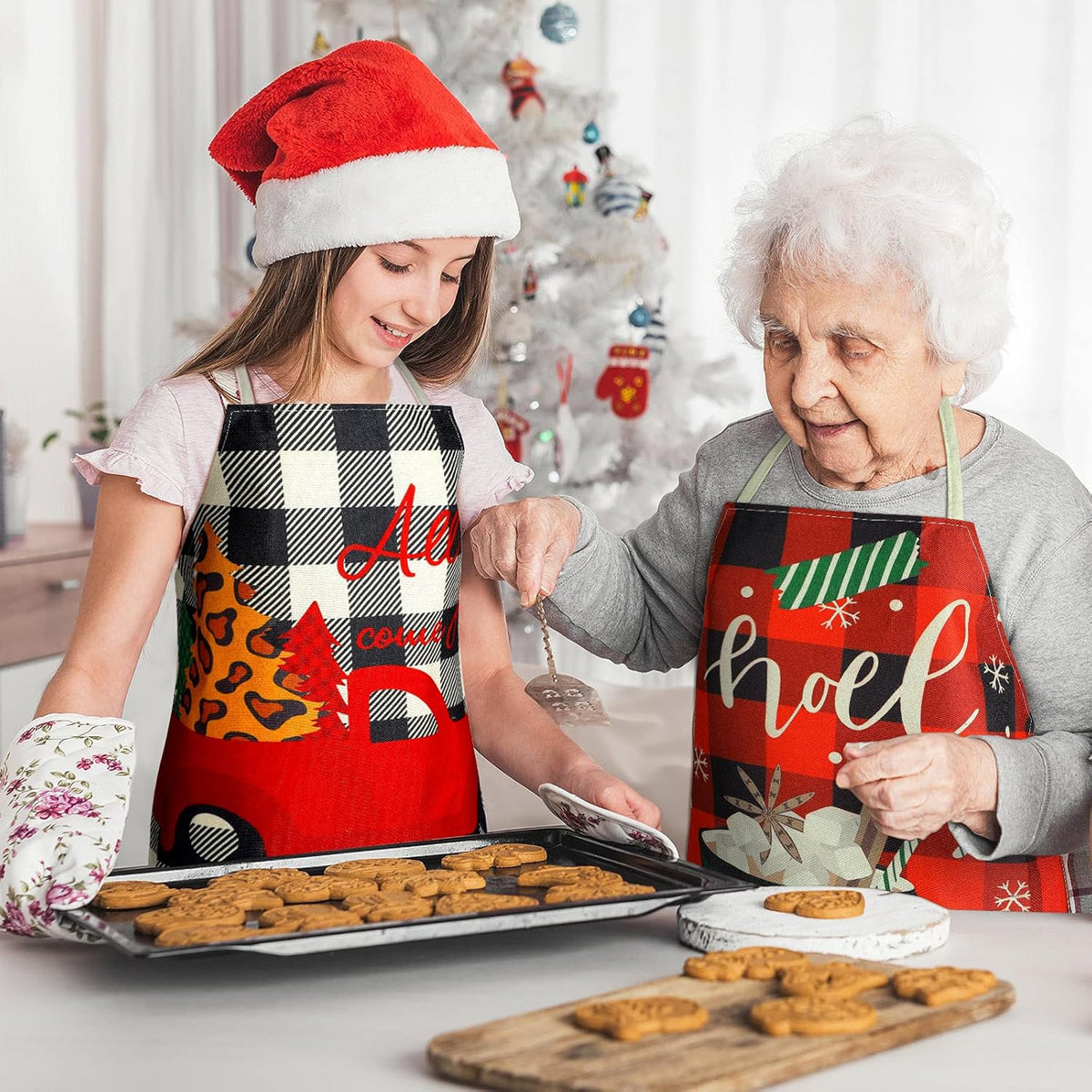 SATINIOR 4 Pcs Christmas Aprons Adjustable Kitchen Cooking Aprons Xmas Buffalo Plaid Merry Christmas BBQ Bib for Adults