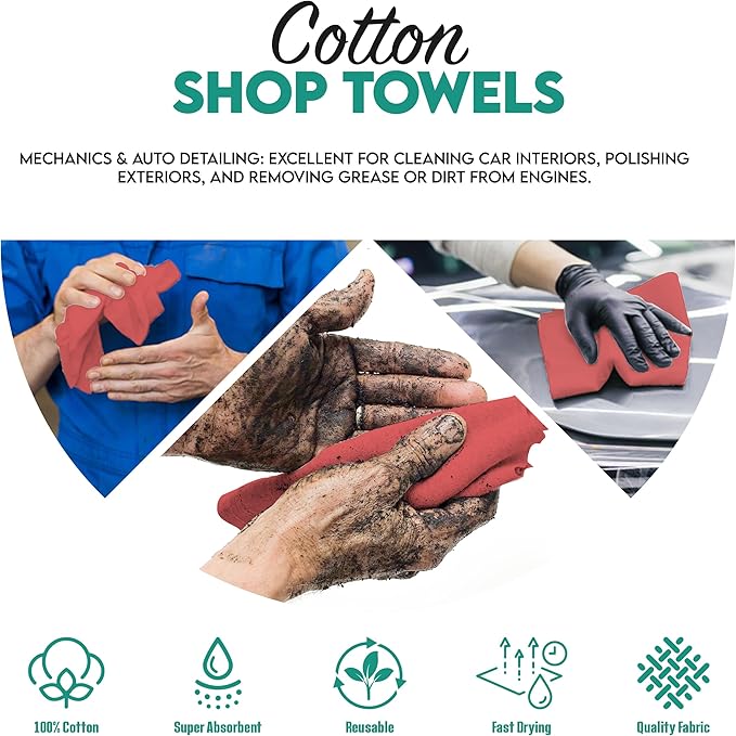 ZUPERIA Cotton Shop Towel – Multipurpose Cleaning Cloths (14" x 12" - Pack of 100 - Red) Reusable Shop Rags for Automobiles, Industrial, Restaurants, Garage, and Homes