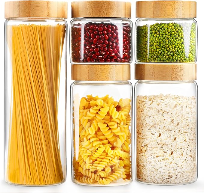 AISIPRIN Airtight Glass Jar with Lid, Glass Storage Containers with Screw On Bamboo Lids, for Cookie, Pasta, Cereal Storage Containers, 5Pcs 80oz 50oz 27oz Canisters Sets for the Kitchen