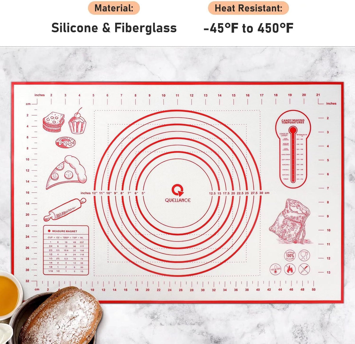 Silicone Pastry Baking Mat Dough - 16x24Inch Large Non Stick Slip Cookie Bread Rolling Mats Sheet, Kitchen Counter Kneading Cooking Board Pad Matt with Measurement for Pie Pizza Cookies Fondant Making