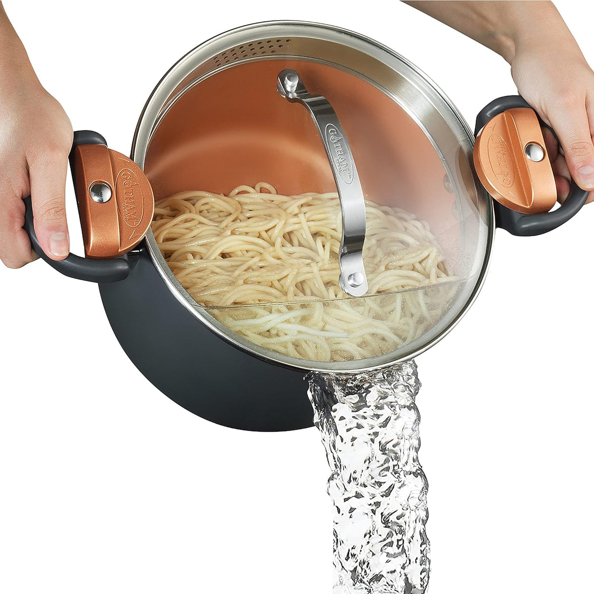 GOTHAM STEEL 5 Qt Ceramic Stock Pot Multipurpose Pasta Pot with Strainer Lid & Twist and Lock Handles, Nonstick Ceramic for Soup, Spaghetti, Rice, Pots for Kitchen, Dishwasher Safe - Copper