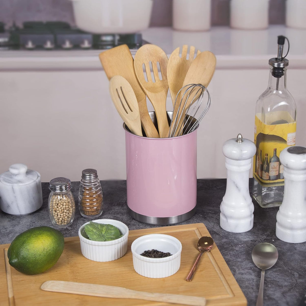 Creative Home Stainless Steel Utensil Holder– 6.3" Large Cooking Tool Organizer for Kitchen Decor and Countertop Storage, Stable Anti-Tip Design, Durable Powder-Coated Finish, Pink