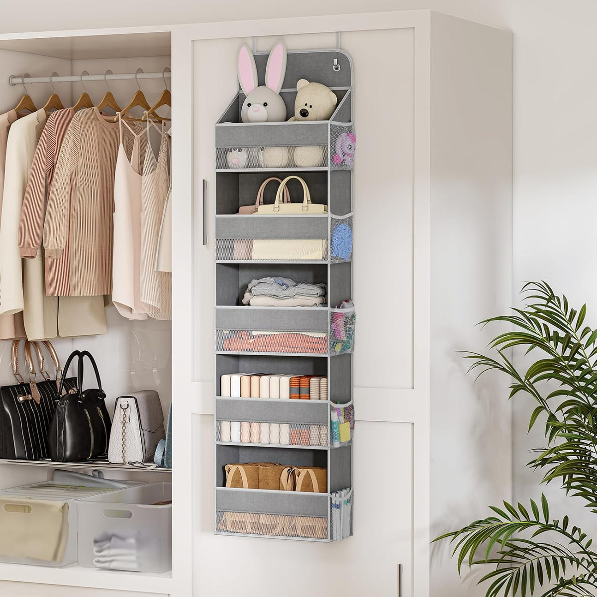 LAMU 2 Pack Over The Door Organizer Hanging with 5 Large Pockets and 10 Mesh Pockets, 44lb Over The Door Storage for Closet, Nursery and Bathroom, Behind The Door Storage with Clothes and Toys, Gray