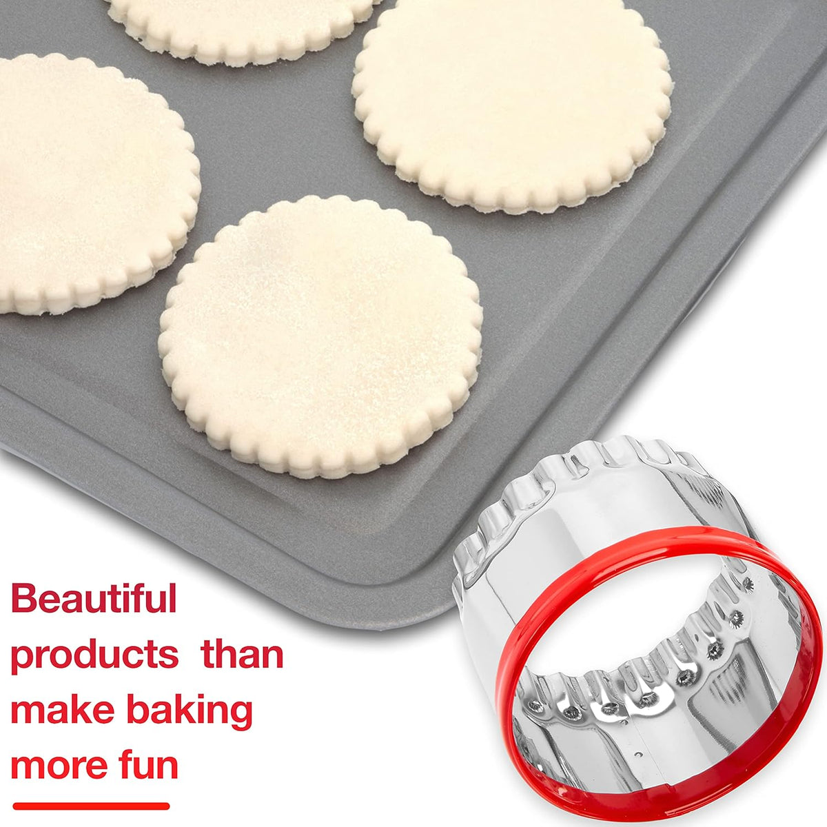 3Pcs Fluted Round Cookie Cutters - 2" & 2.6" & 3", Heavy Duty Food-Grade Stainless Steel, Mini Biscuit Cutter, Unique Design with Protective Red Top PVC